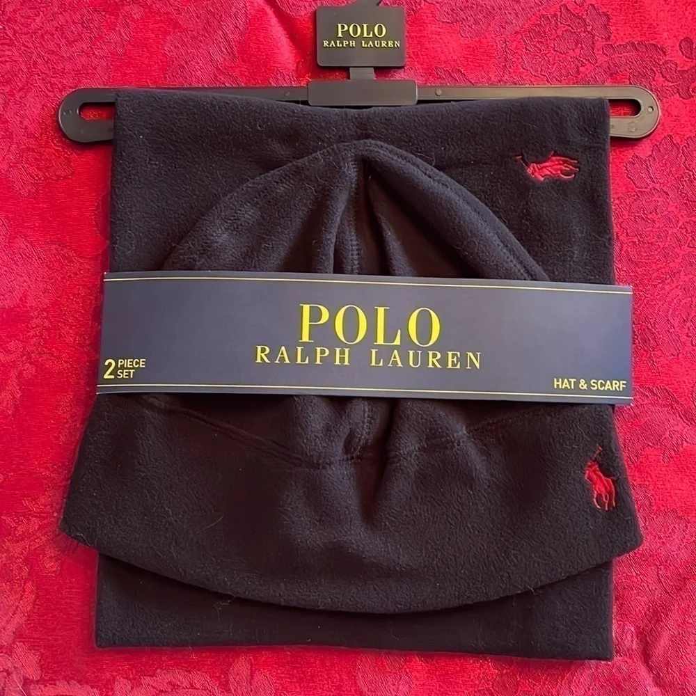 Brand New Polo Ralph Lauren Black Fleece 2-Piece Hat & Scarf Set Red Pony